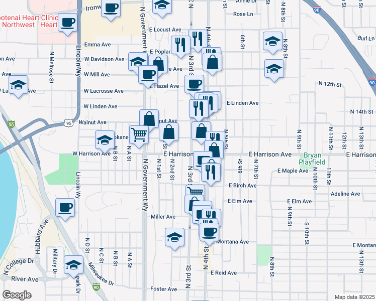 map of restaurants, bars, coffee shops, grocery stores, and more near 233 East Harrison Avenue in Coeur d'Alene