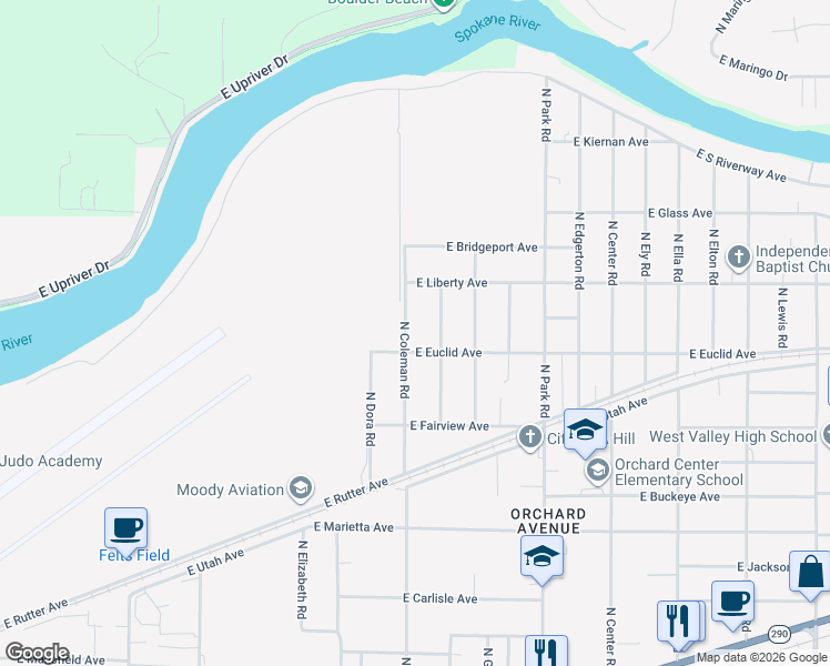 map of restaurants, bars, coffee shops, grocery stores, and more near 3220 North Coleman Road in Spokane Valley