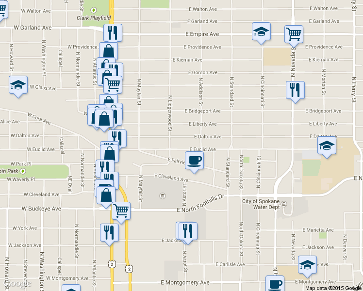 map of restaurants, bars, coffee shops, grocery stores, and more near 323 East Euclid Avenue in Spokane