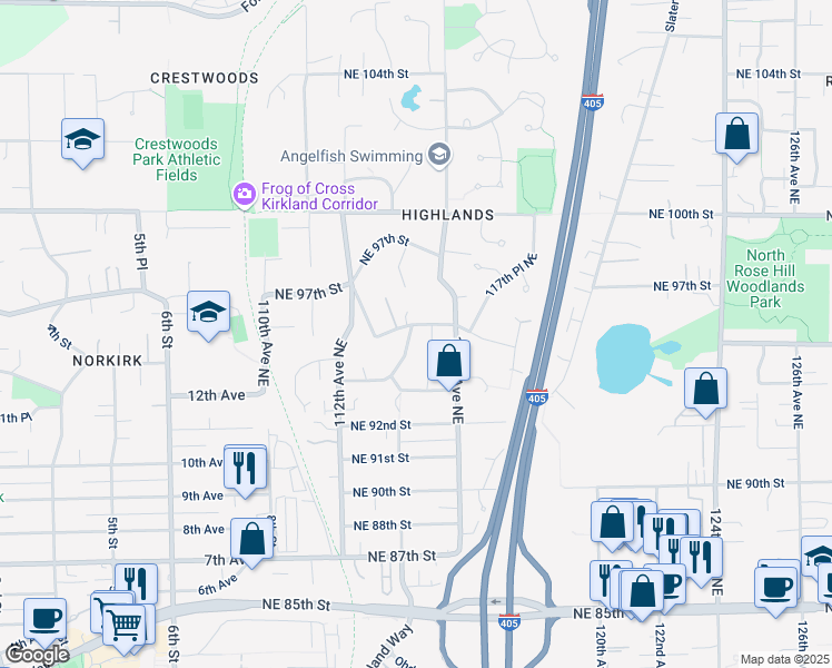 map of restaurants, bars, coffee shops, grocery stores, and more near 11411 Northeast 95th Street in Kirkland