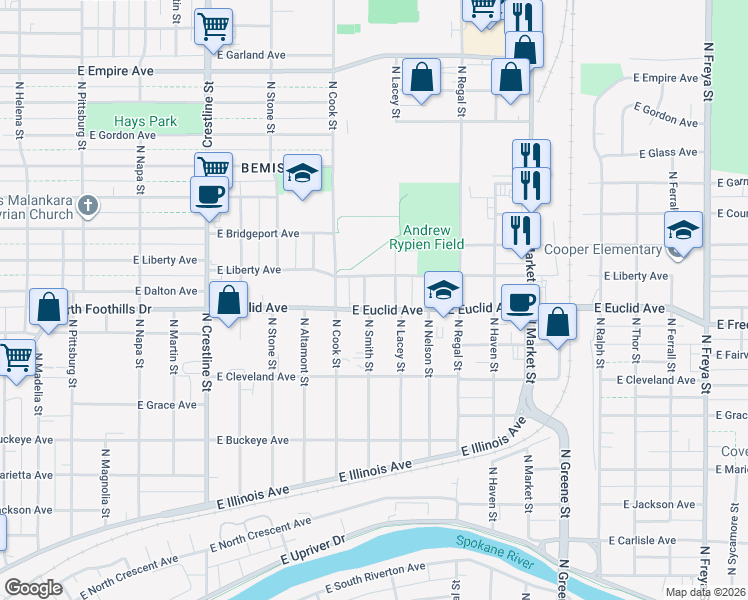 map of restaurants, bars, coffee shops, grocery stores, and more near 3208 N Smith St in Spokane