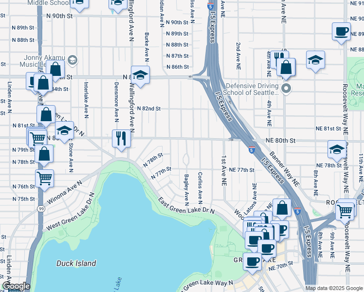 map of restaurants, bars, coffee shops, grocery stores, and more near 2111 North 80th Street in Seattle