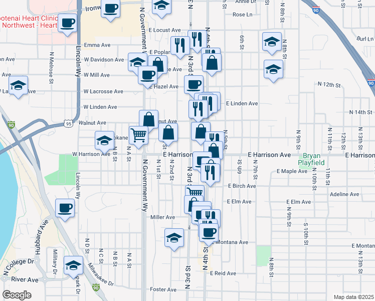 map of restaurants, bars, coffee shops, grocery stores, and more near 233 East Harrison Avenue in Coeur d'Alene