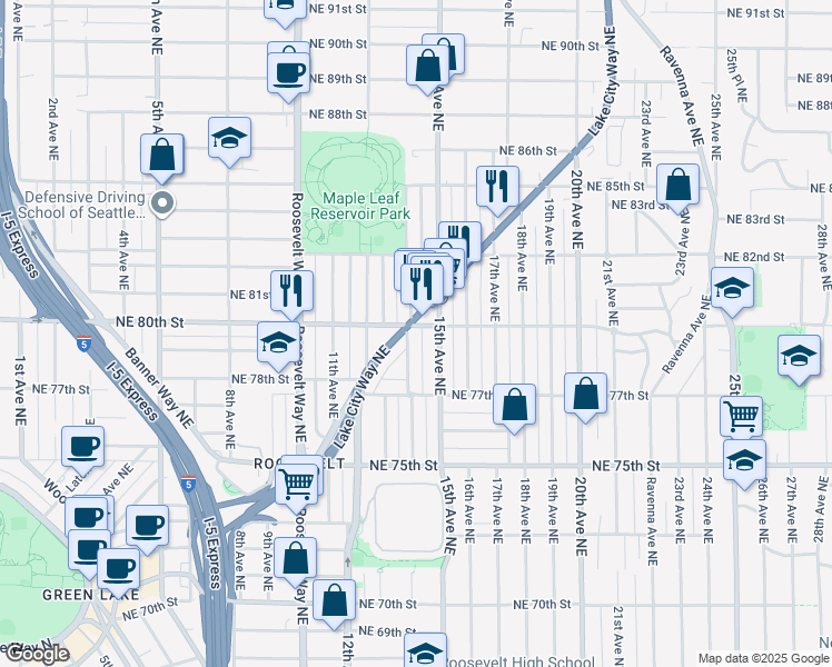 map of restaurants, bars, coffee shops, grocery stores, and more near 1409 Northeast 80th Street in Seattle