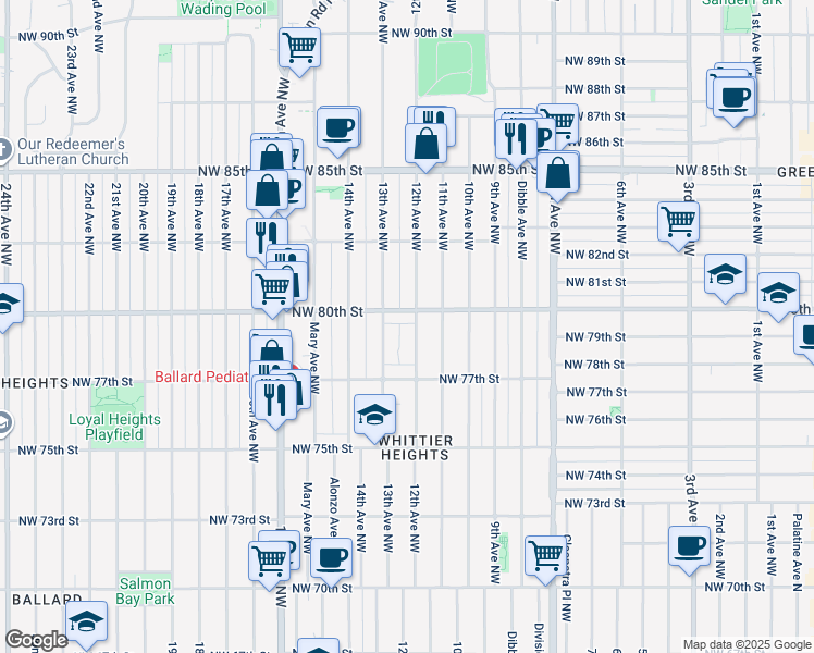 map of restaurants, bars, coffee shops, grocery stores, and more near 7747 12th Avenue Northwest in Seattle