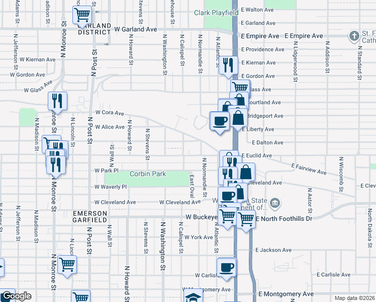 map of restaurants, bars, coffee shops, grocery stores, and more near 3110 North Calispel Street in Spokane