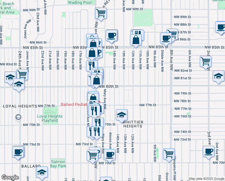 map of restaurants, bars, coffee shops, grocery stores, and more near 7749 14th Avenue Northwest in Seattle