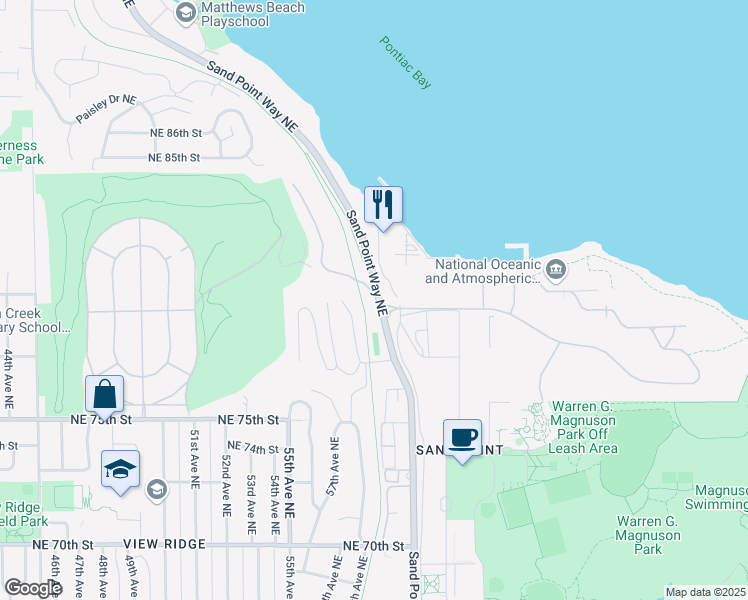map of restaurants, bars, coffee shops, grocery stores, and more near 7761A Sand Point Way Northeast in Seattle
