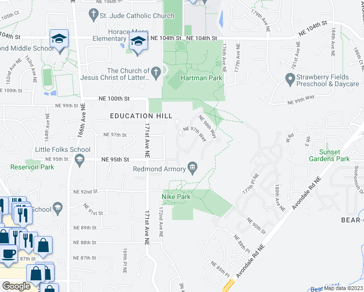 map of restaurants, bars, coffee shops, grocery stores, and more near 9616 173rd Place Northeast in Redmond