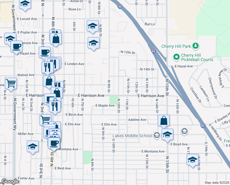 map of restaurants, bars, coffee shops, grocery stores, and more near 917 East Harrison Avenue in Coeur d'Alene