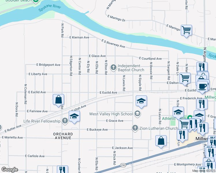map of restaurants, bars, coffee shops, grocery stores, and more near 3218 North Elton Road in Spokane Valley