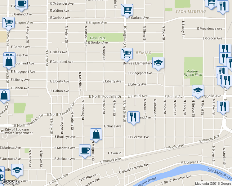 map of restaurants, bars, coffee shops, grocery stores, and more near 2068 East Dalton Avenue in Spokane