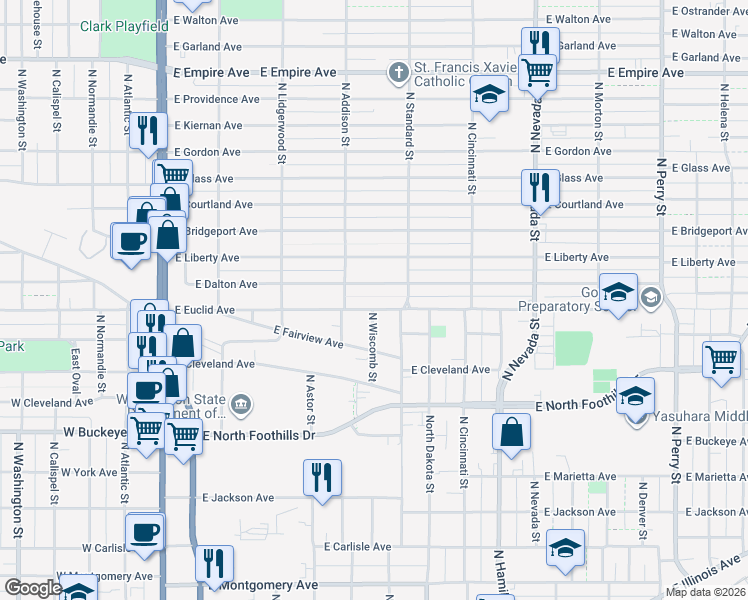map of restaurants, bars, coffee shops, grocery stores, and more near 527 East Euclid Avenue in Spokane