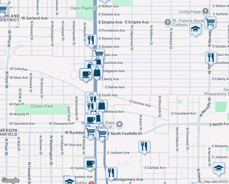 map of restaurants, bars, coffee shops, grocery stores, and more near 117 East Euclid Avenue in Spokane