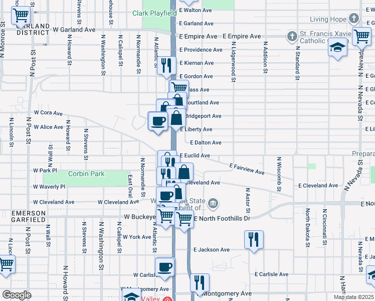 map of restaurants, bars, coffee shops, grocery stores, and more near 35 East Euclid Avenue in Spokane
