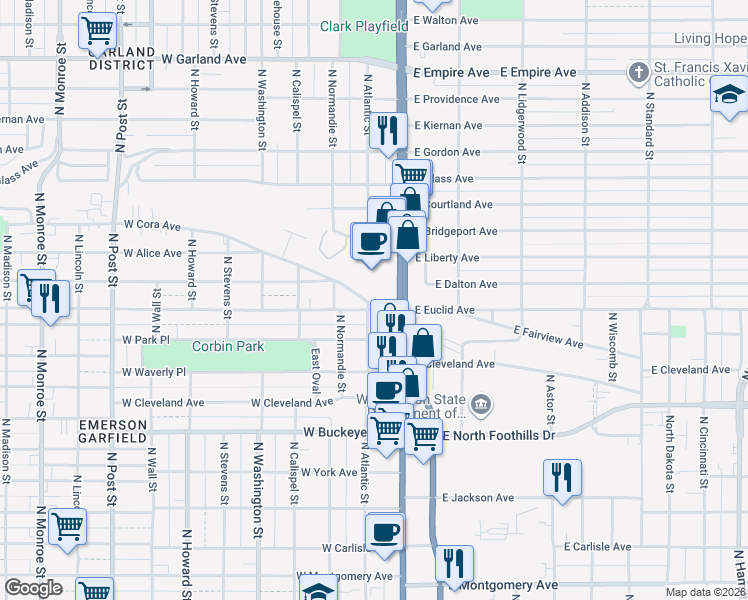 map of restaurants, bars, coffee shops, grocery stores, and more near 104 West Cora Avenue in Spokane