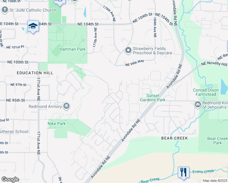 map of restaurants, bars, coffee shops, grocery stores, and more near 17712 Northeast 96th Way in Redmond