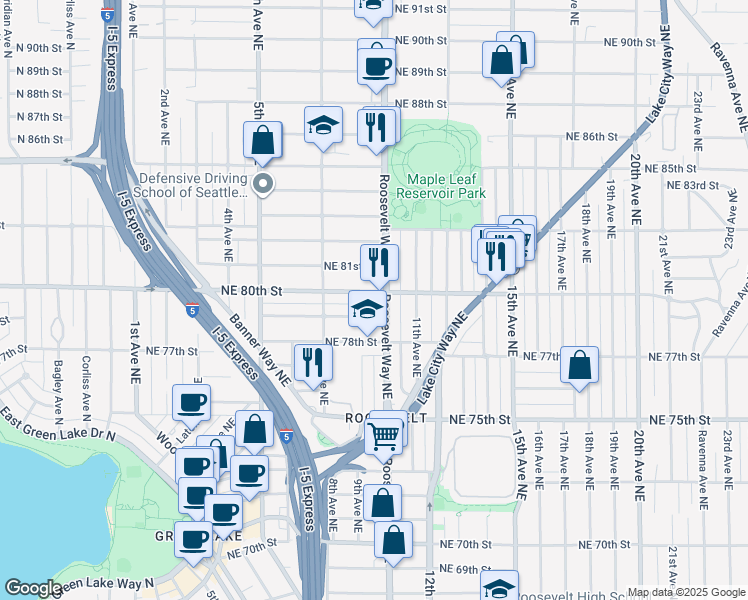 map of restaurants, bars, coffee shops, grocery stores, and more near in Seattle