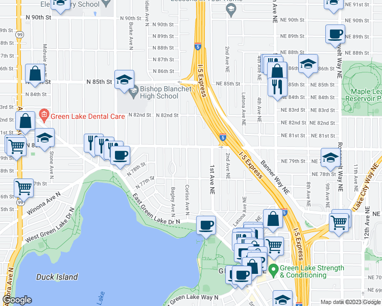 map of restaurants, bars, coffee shops, grocery stores, and more near 7751 Sunnyside Avenue North in Seattle