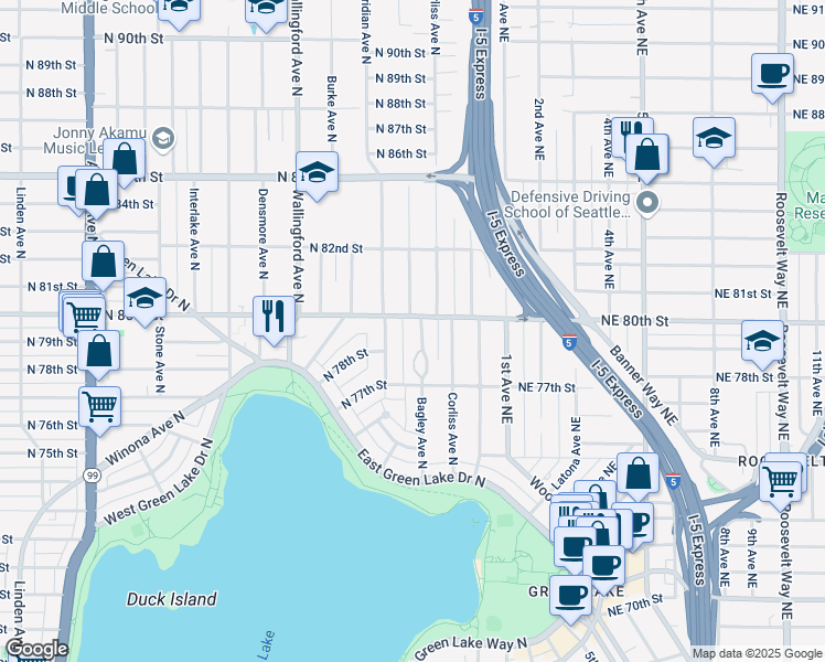 map of restaurants, bars, coffee shops, grocery stores, and more near 2111 North 80th Street in Seattle
