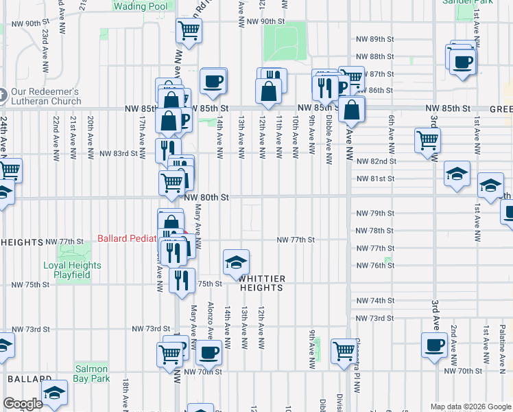 map of restaurants, bars, coffee shops, grocery stores, and more near 7747 12th Avenue Northwest in Seattle