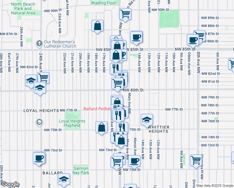 map of restaurants, bars, coffee shops, grocery stores, and more near in Seattle