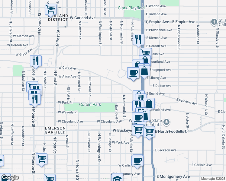map of restaurants, bars, coffee shops, grocery stores, and more near 3110 North Calispel Street in Spokane