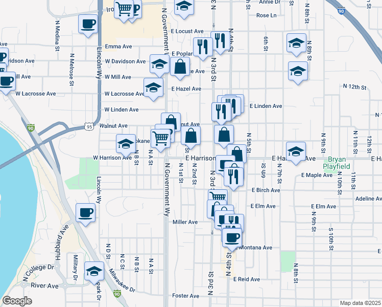 map of restaurants, bars, coffee shops, grocery stores, and more near 201 East Harrison Avenue in Coeur d'Alene