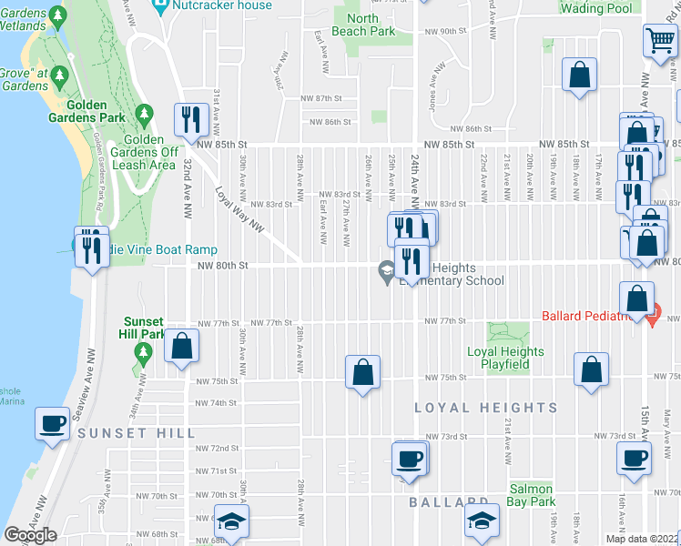 map of restaurants, bars, coffee shops, grocery stores, and more near 7753 27th Avenue Northwest in Seattle