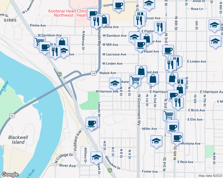map of restaurants, bars, coffee shops, grocery stores, and more near 501 West Harrison Avenue in Coeur d'Alene