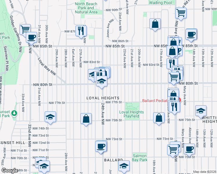 map of restaurants, bars, coffee shops, grocery stores, and more near 7753 Jones Avenue Northwest in Seattle