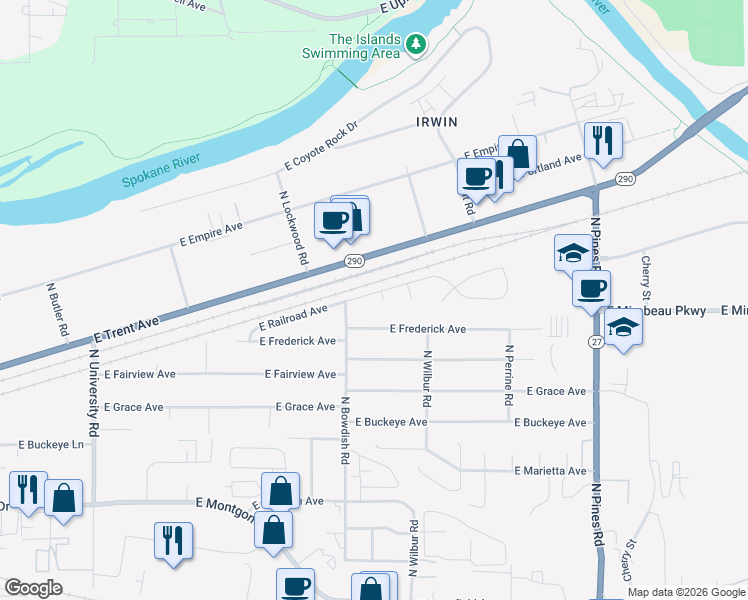 map of restaurants, bars, coffee shops, grocery stores, and more near 3215 North Bates Court in Spokane Valley