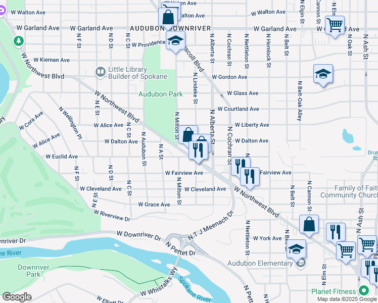 map of restaurants, bars, coffee shops, grocery stores, and more near 2716 West Northwest Boulevard in Spokane