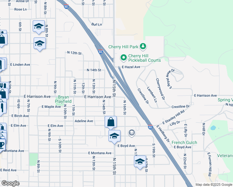 map of restaurants, bars, coffee shops, grocery stores, and more near 1206 North 15th Street in Coeur d'Alene