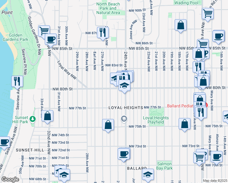 map of restaurants, bars, coffee shops, grocery stores, and more near 2511 Northwest 80th Street in Seattle