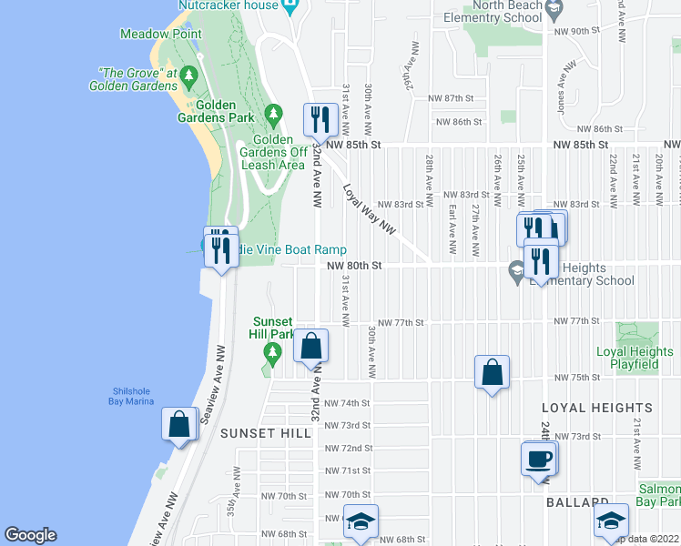 map of restaurants, bars, coffee shops, grocery stores, and more near 3103 Northwest 80th Street in Seattle
