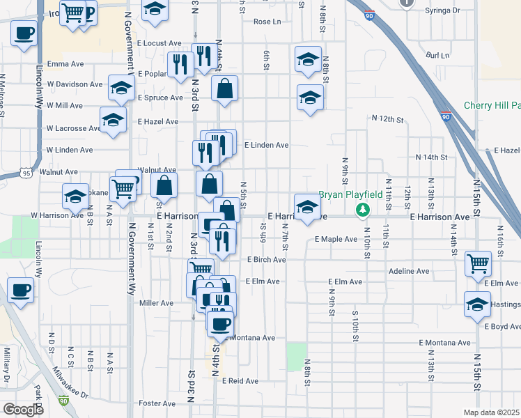 map of restaurants, bars, coffee shops, grocery stores, and more near 1207 6th Street in Coeur d'Alene