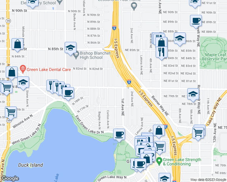 map of restaurants, bars, coffee shops, grocery stores, and more near 7751 Sunnyside Avenue North in Seattle