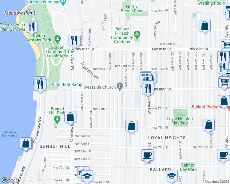 map of restaurants, bars, coffee shops, grocery stores, and more near 7755 Earl Avenue Northwest in Seattle