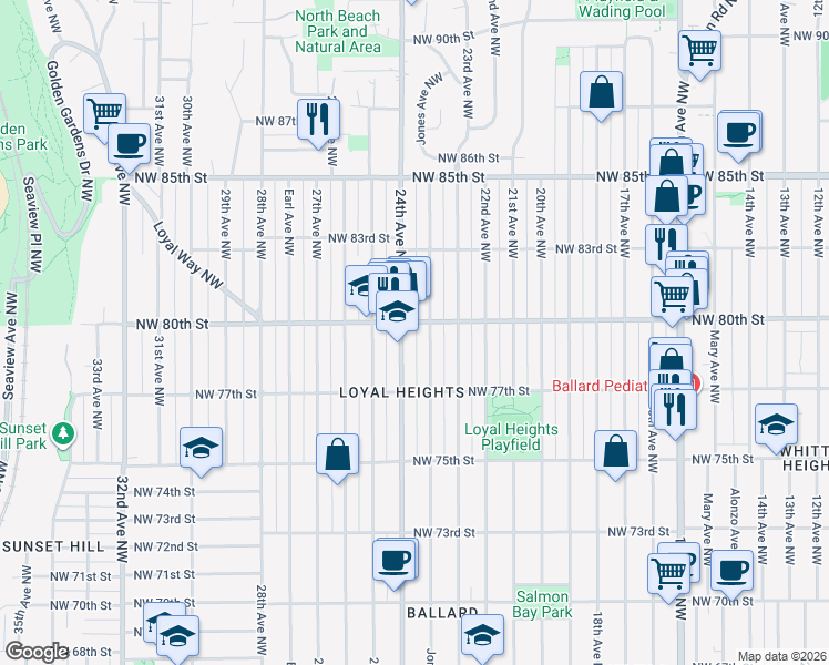 map of restaurants, bars, coffee shops, grocery stores, and more near 7753 Jones Avenue Northwest in Seattle