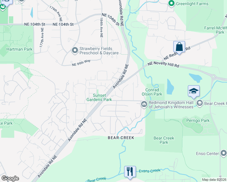 map of restaurants, bars, coffee shops, grocery stores, and more near 18422 Northeast 95th Court in Redmond