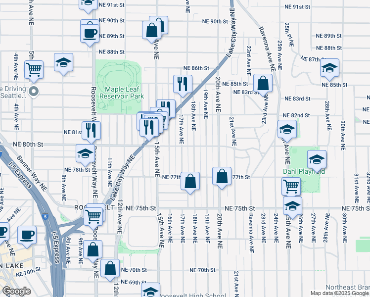 map of restaurants, bars, coffee shops, grocery stores, and more near 1701 Northeast 80th Street in Seattle
