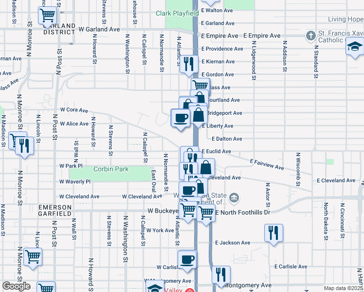 map of restaurants, bars, coffee shops, grocery stores, and more near 104 West Cora Avenue in Spokane