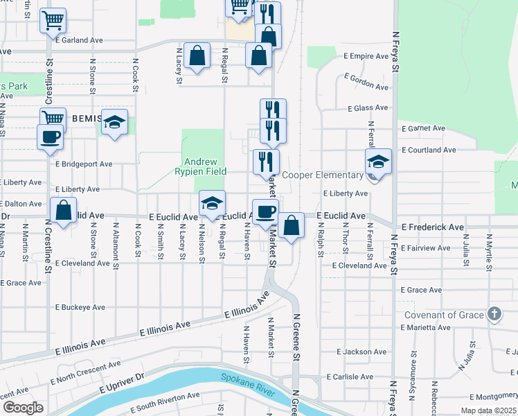map of restaurants, bars, coffee shops, grocery stores, and more near 3017 East Euclid Avenue in Spokane