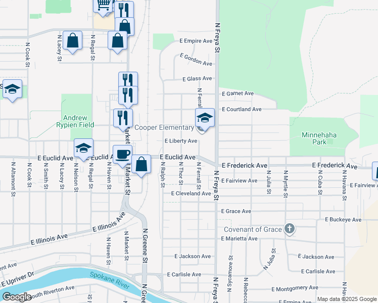 map of restaurants, bars, coffee shops, grocery stores, and more near 3411 East Euclid Avenue in Spokane