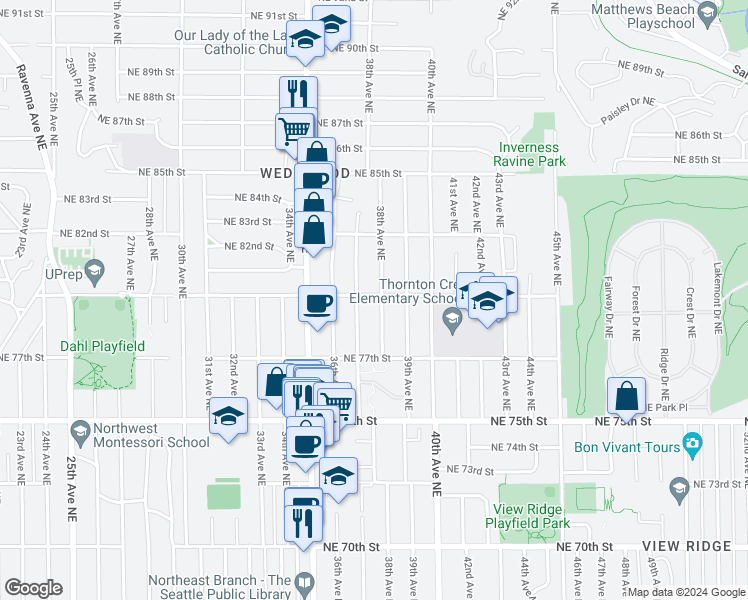 map of restaurants, bars, coffee shops, grocery stores, and more near 7759 38th Avenue Northeast in Seattle