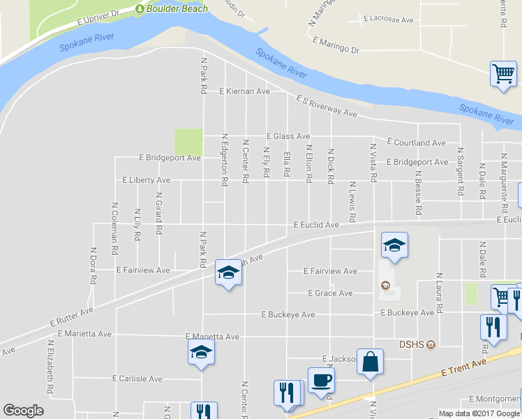 map of restaurants, bars, coffee shops, grocery stores, and more near 3217 North Ely Road in Spokane Valley