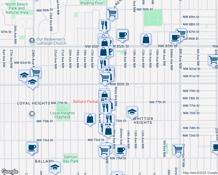 map of restaurants, bars, coffee shops, grocery stores, and more near 7745 Mary Avenue Northwest in Seattle