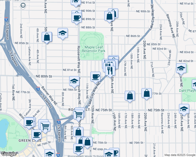 map of restaurants, bars, coffee shops, grocery stores, and more near 1211 Northeast 80th Street in Seattle