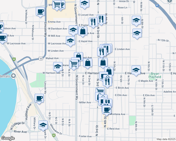 map of restaurants, bars, coffee shops, grocery stores, and more near 201 East Harrison Avenue in Coeur d'Alene